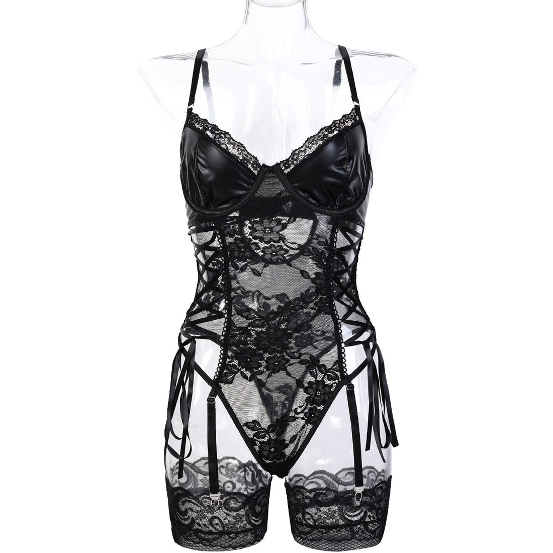 Lace Faux Leather Teddy Bodysuit - Styled View