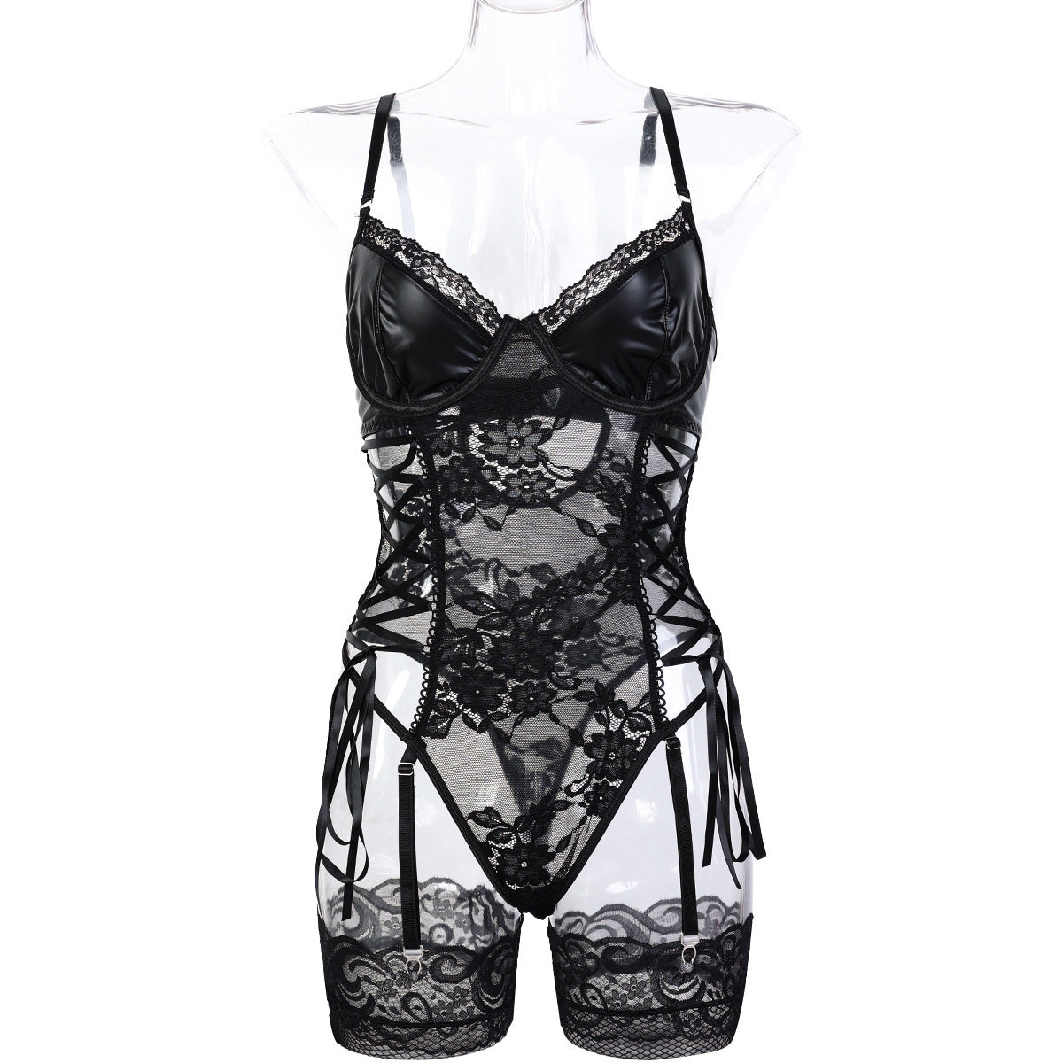 Lace Faux Leather Teddy Bodysuit - Styled View