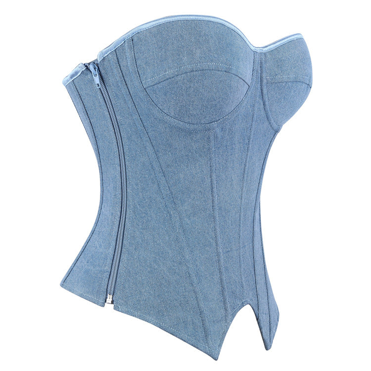 Blue Denim-Look Strapless Corset Top, alternate view 3
