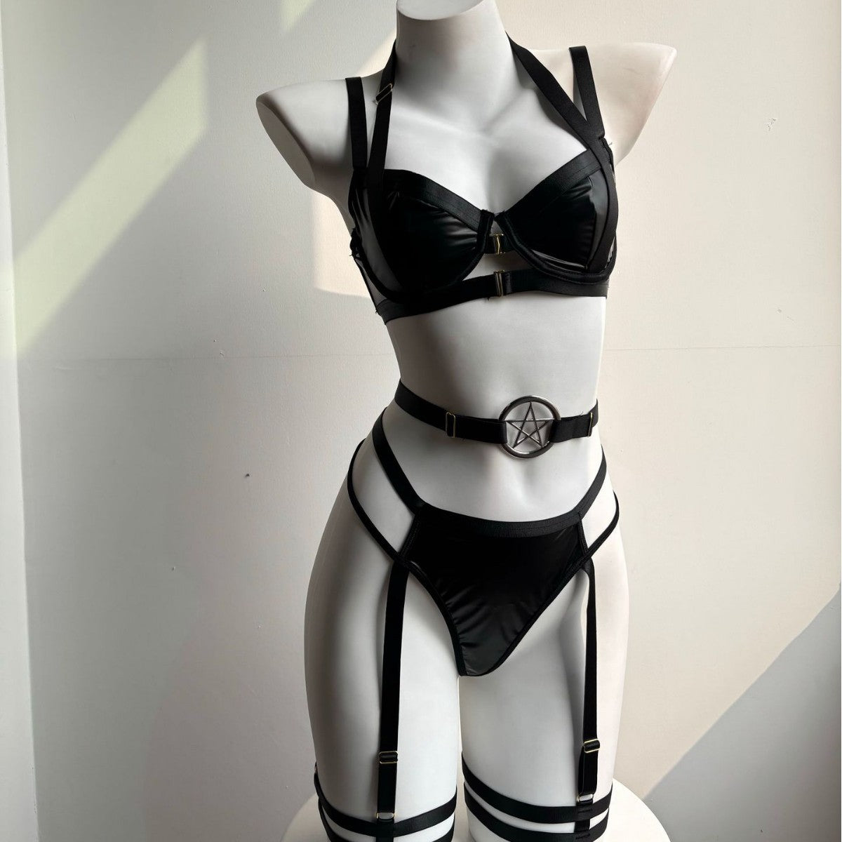 Black Strappy Bra and Garter Lingerie Set
