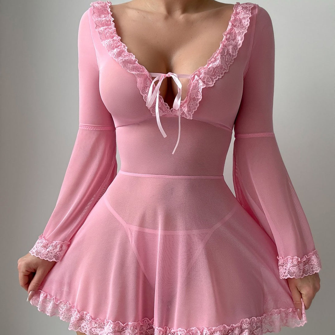 Pink Long-Sleeve Ruffle Chemise Nightdress