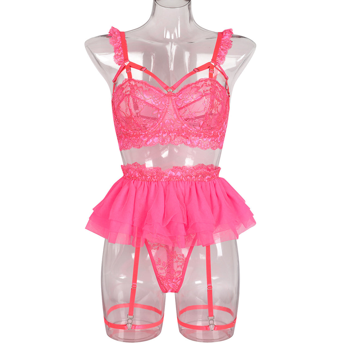 Strappy Three-Piece Lingerie Set With Bra and Belt - Alternate View