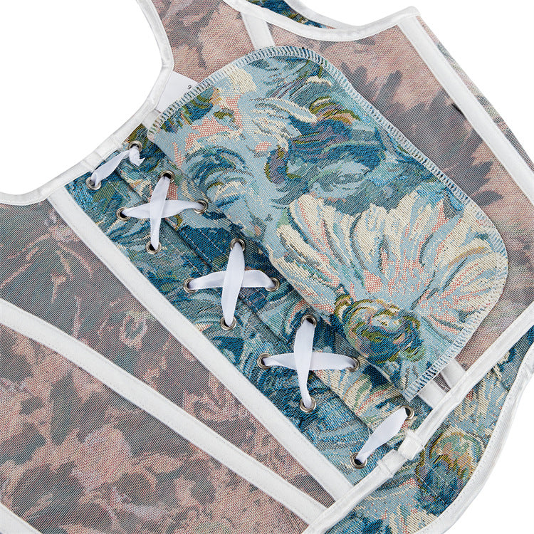 Blue Floral White Tie-Strap Corset Top, alternate view 4