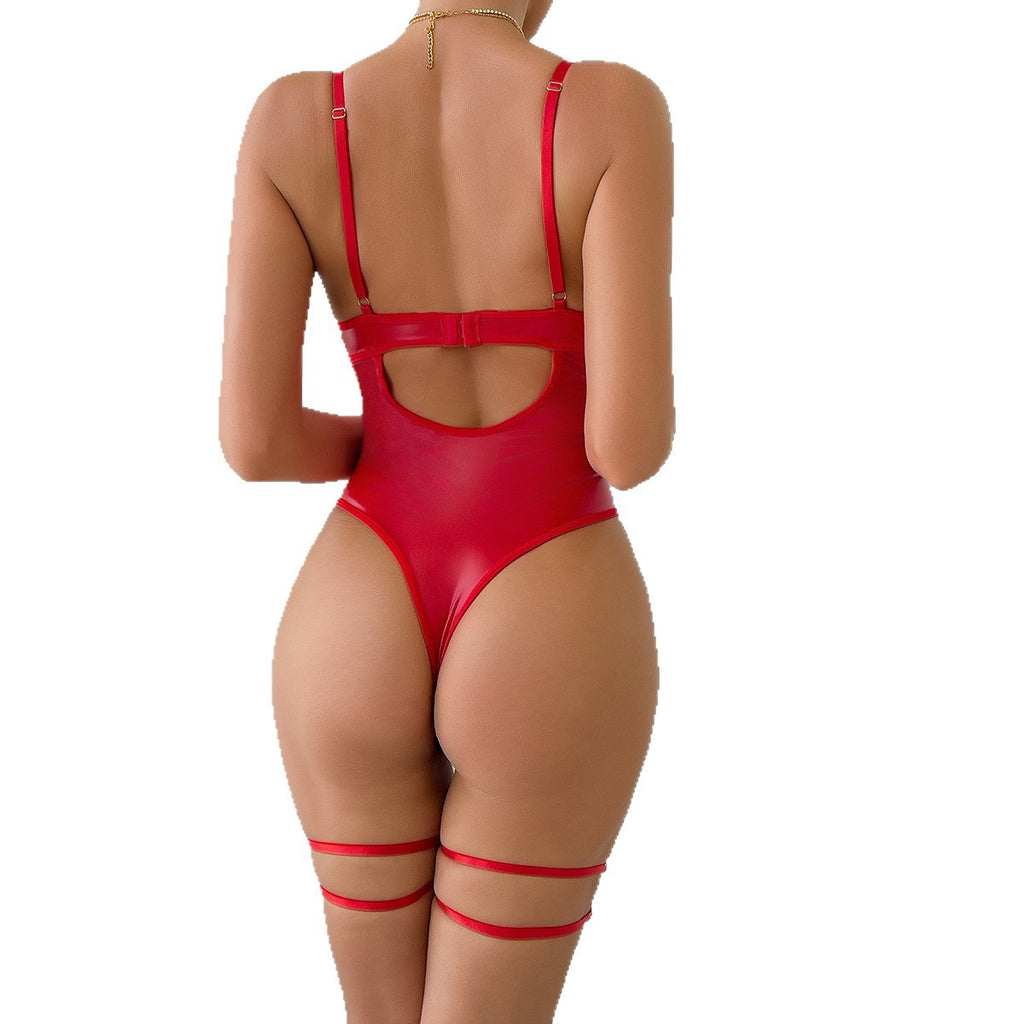 Cutout Lace Faux Leather Teddy Bodysuit - Styled View