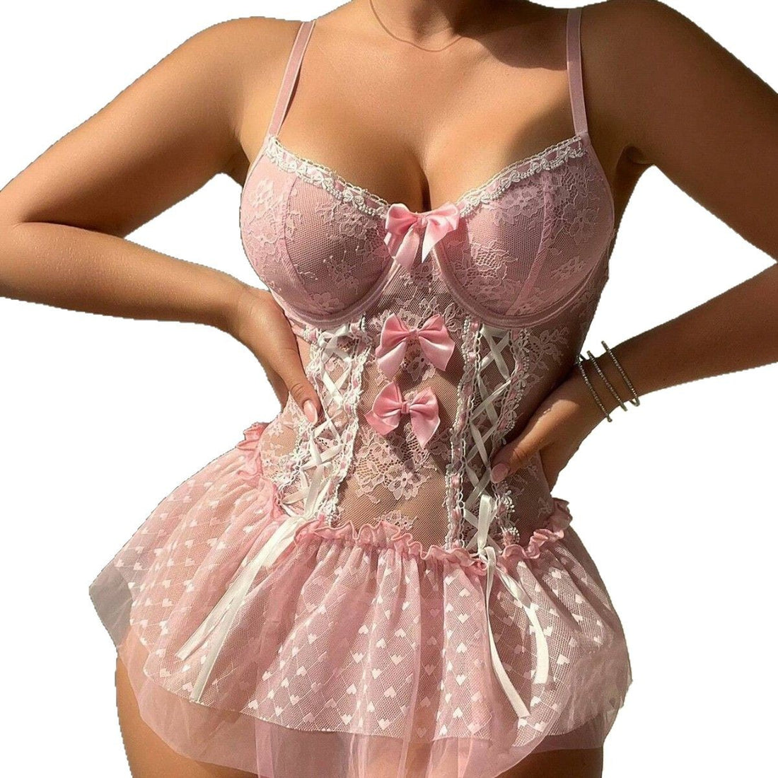 Pink Polka Dot Lace-Up Lingerie Set, alternate view 5
