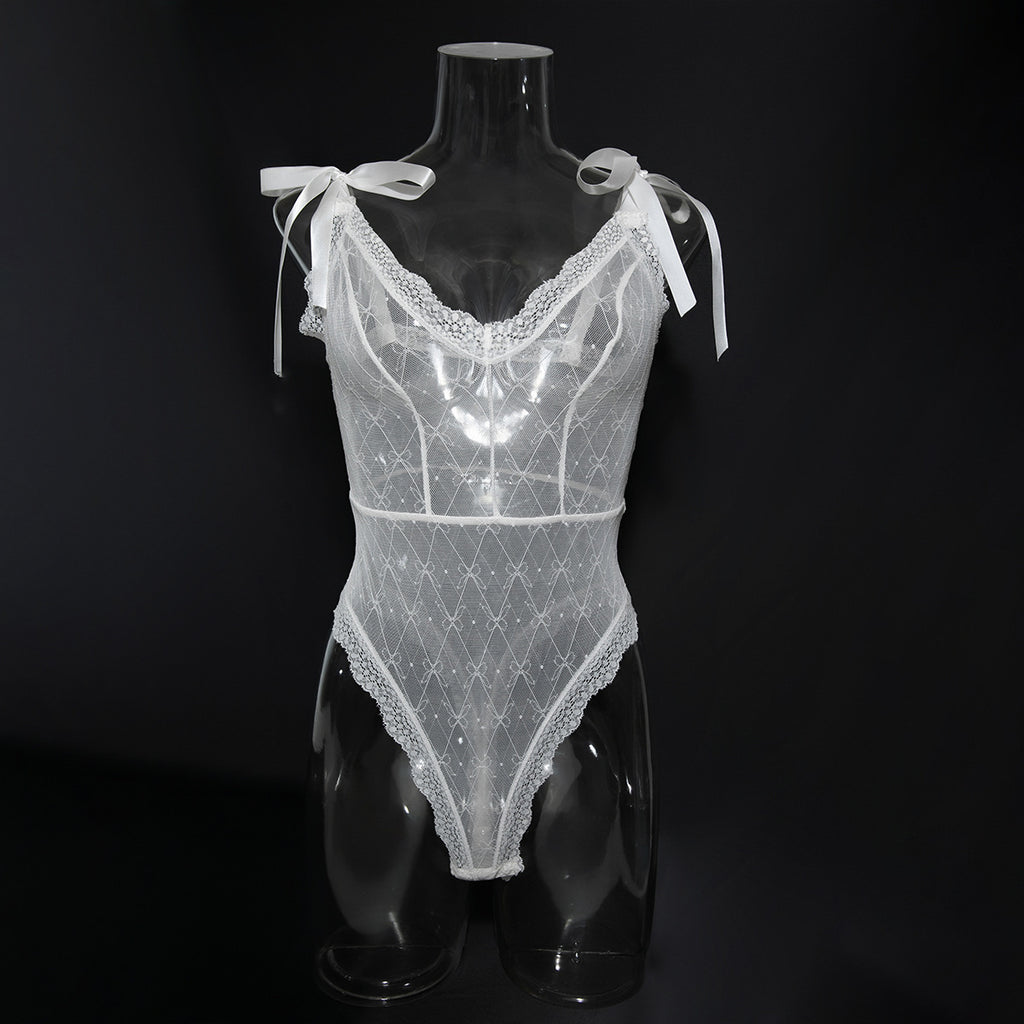 Strappy Bow Detail Lace Teddy Bodysuit - Styled View