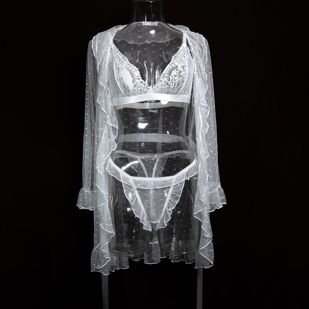 Polka Dot Lace Three-Piece Lingerie Set - Styled View
