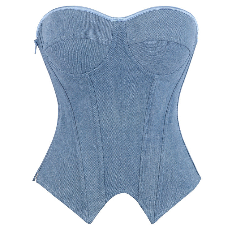 Blue Denim-Look Strapless Corset Top