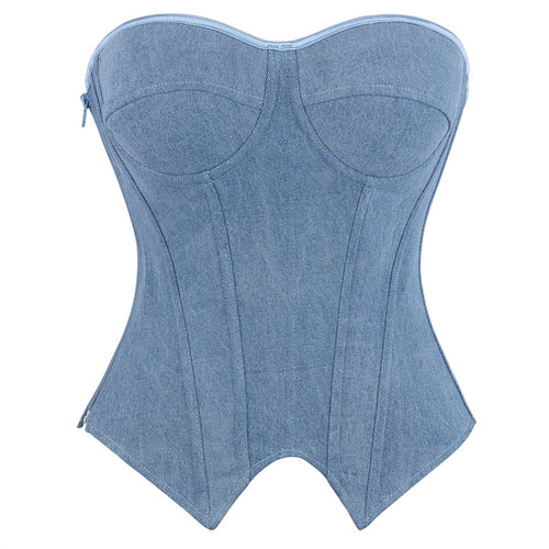 Blue Denim-Look Strapless Corset Top