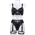 Black Faux Leather Lingerie Set With Bra and Belt - Alternate View