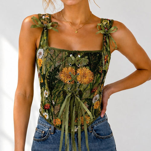 Green Floral Tie-Strap Corset Top