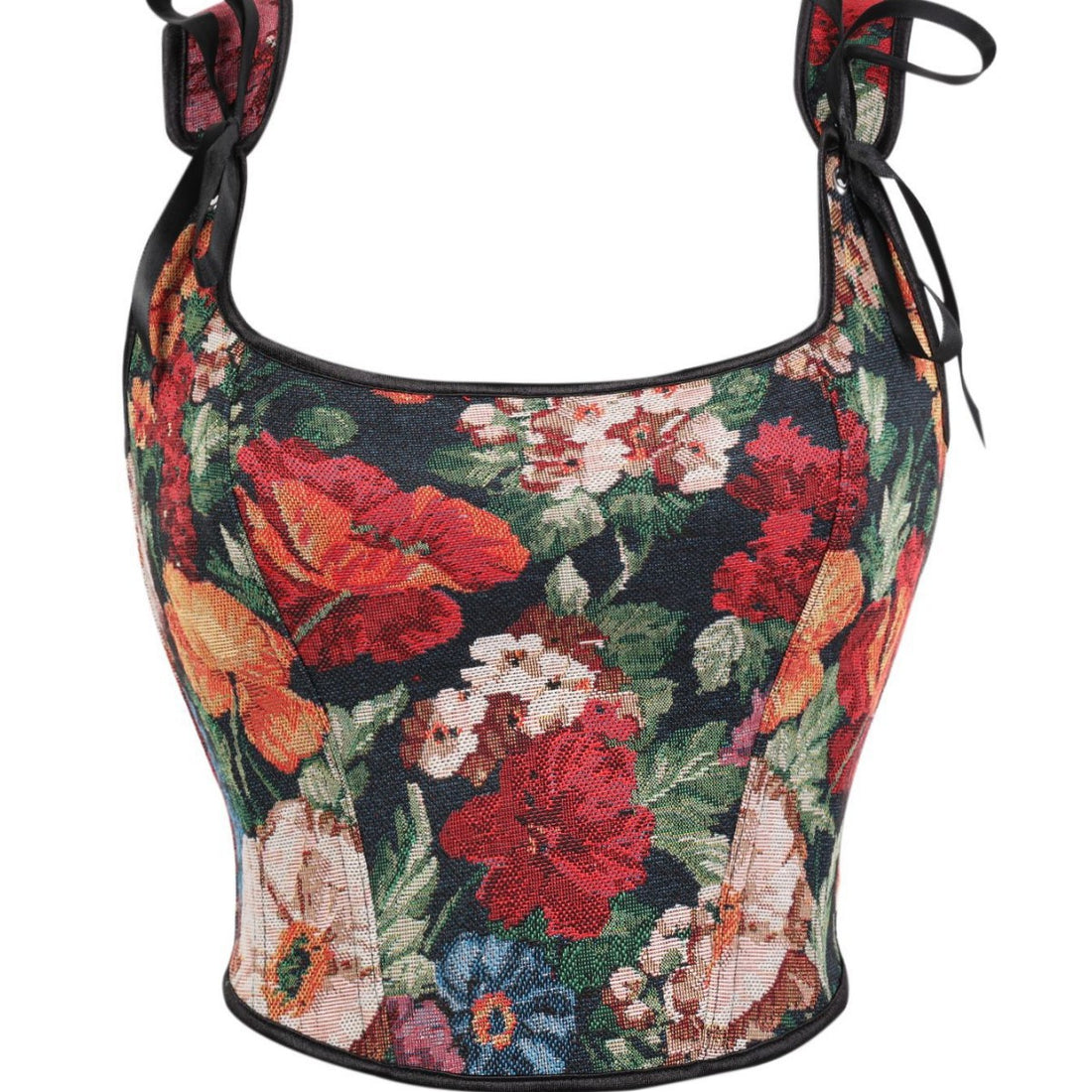 Black Floral Shoulder-Tie Corset Top, alternate view 5