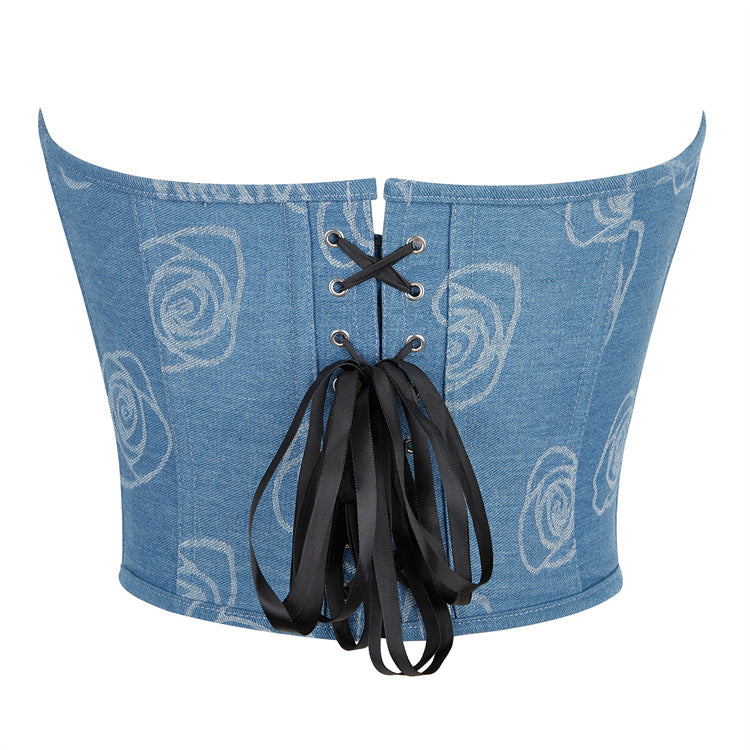 Blue Rose Print Strapless Corset Top, alternate view 3