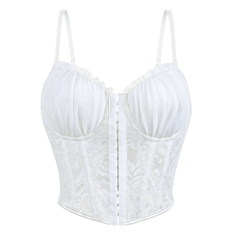 White Satin-Look Lace-Up Corset Top