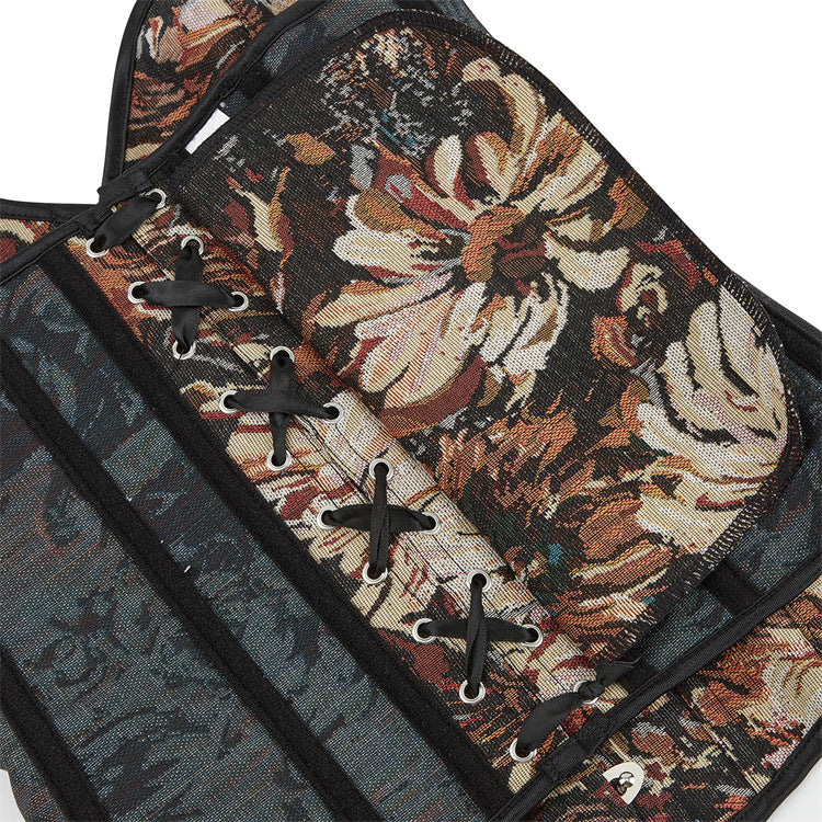 Black Floral Tapestry Zip-Back Corset Top, alternate view 4