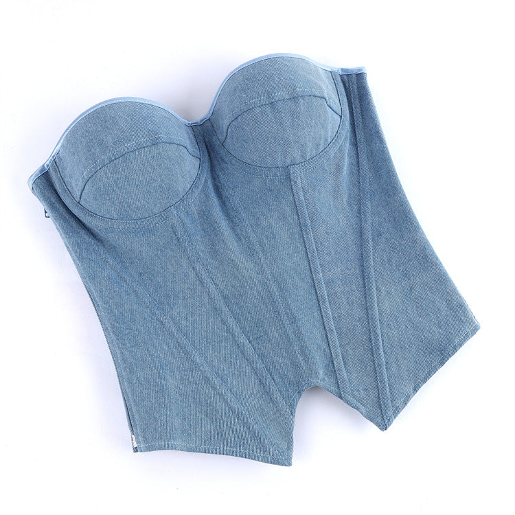 Blue Denim-Look Strapless Corset Top, alternate view 5