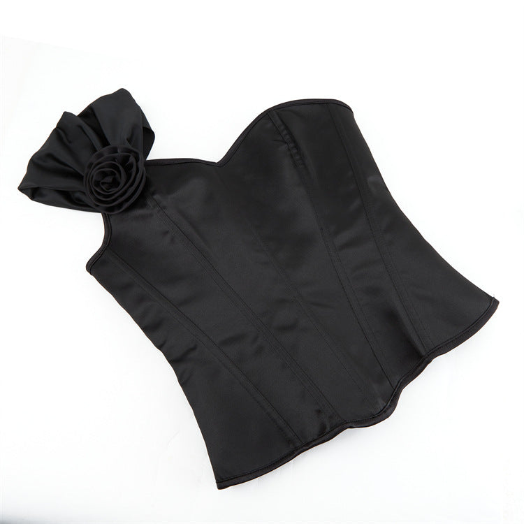 Black One-Shoulder Rose Corset Top, alternate view 5