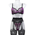 Purple Lace Three-Piece Lingerie Set - Styled View