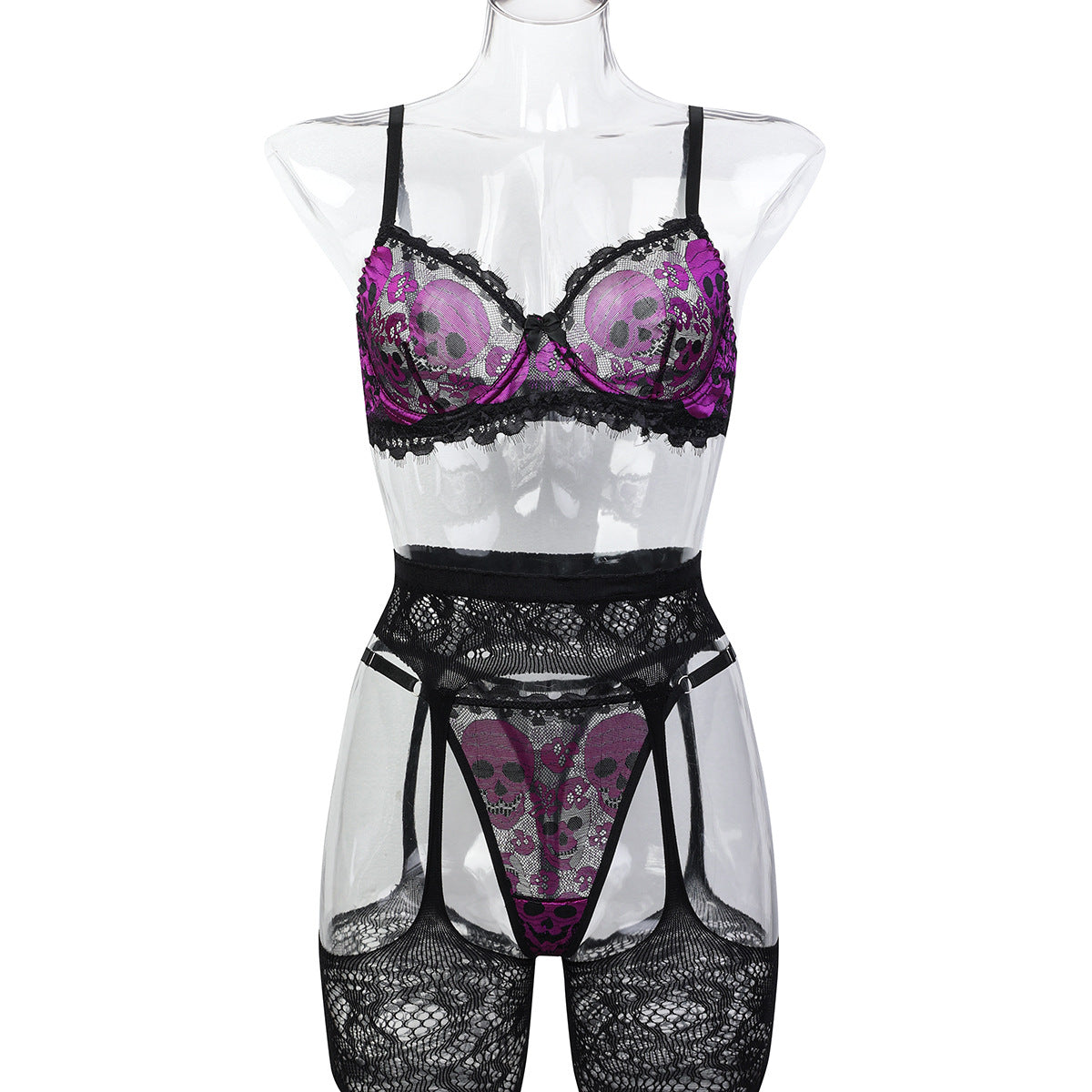 Purple Lace Three-Piece Lingerie Set - Styled View