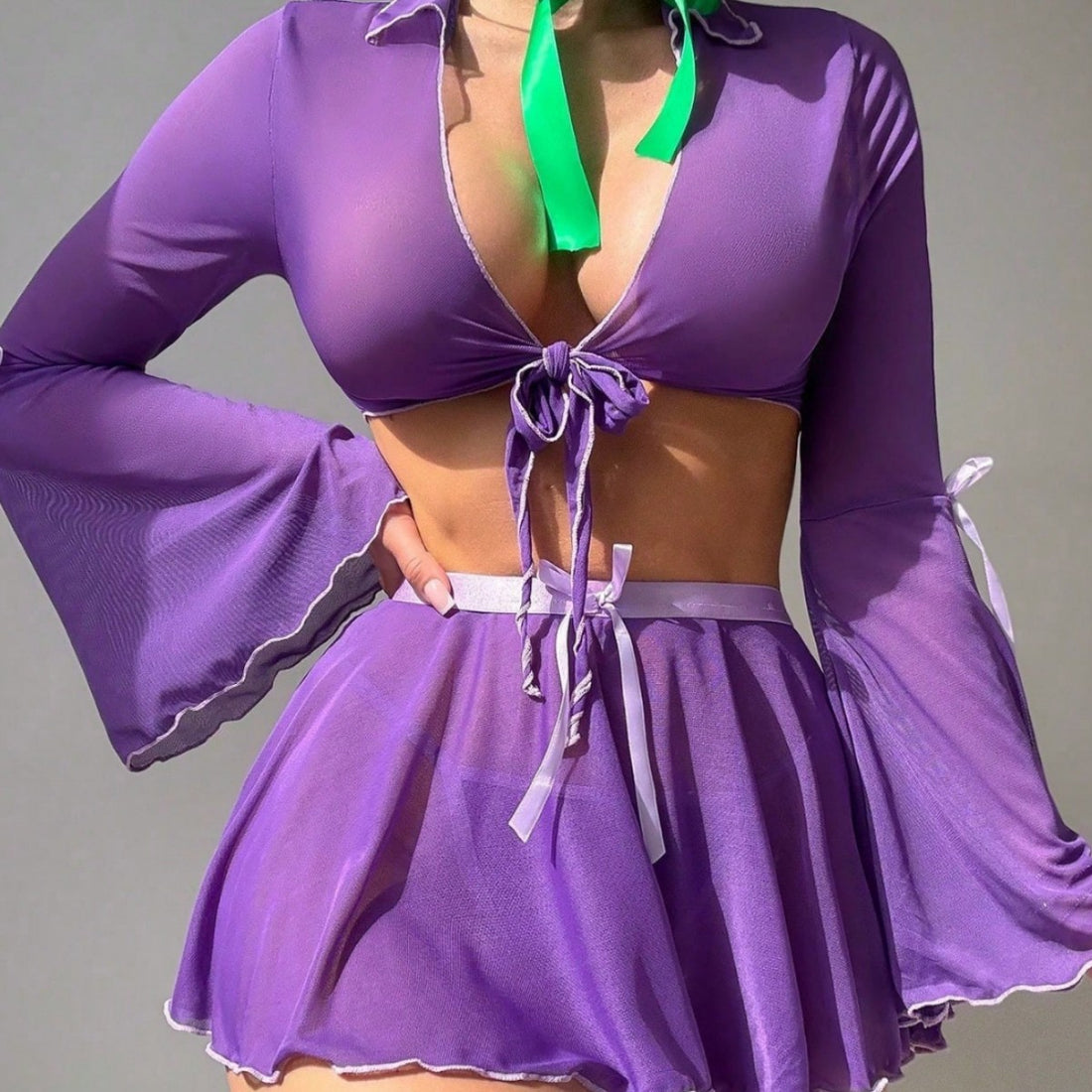 Purple Bell-Sleeve Tie-Front Lingerie Set, alternate view 3