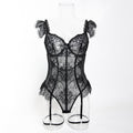 Black floral lace-look cutout teddy bodysuit with garter straps - alternate view