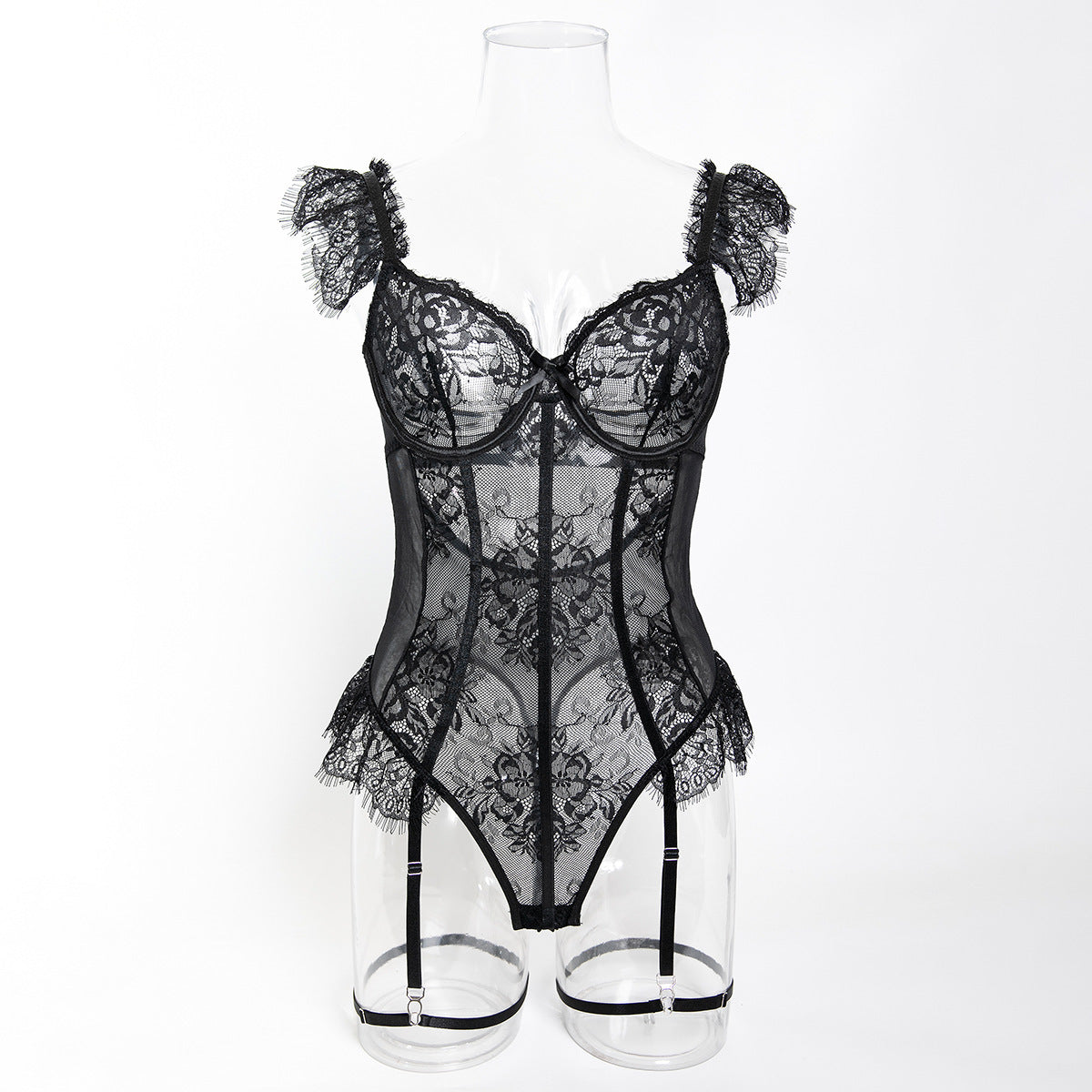 Black floral lace-look cutout teddy bodysuit with garter straps - alternate view