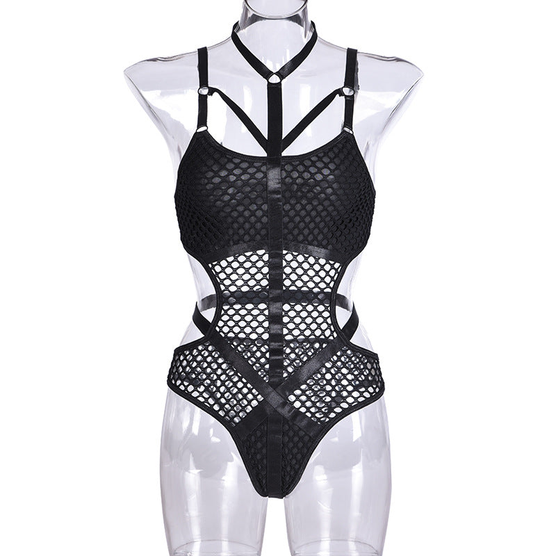 Halter Mesh Faux Leather Teddy Bodysuit - Styled View
