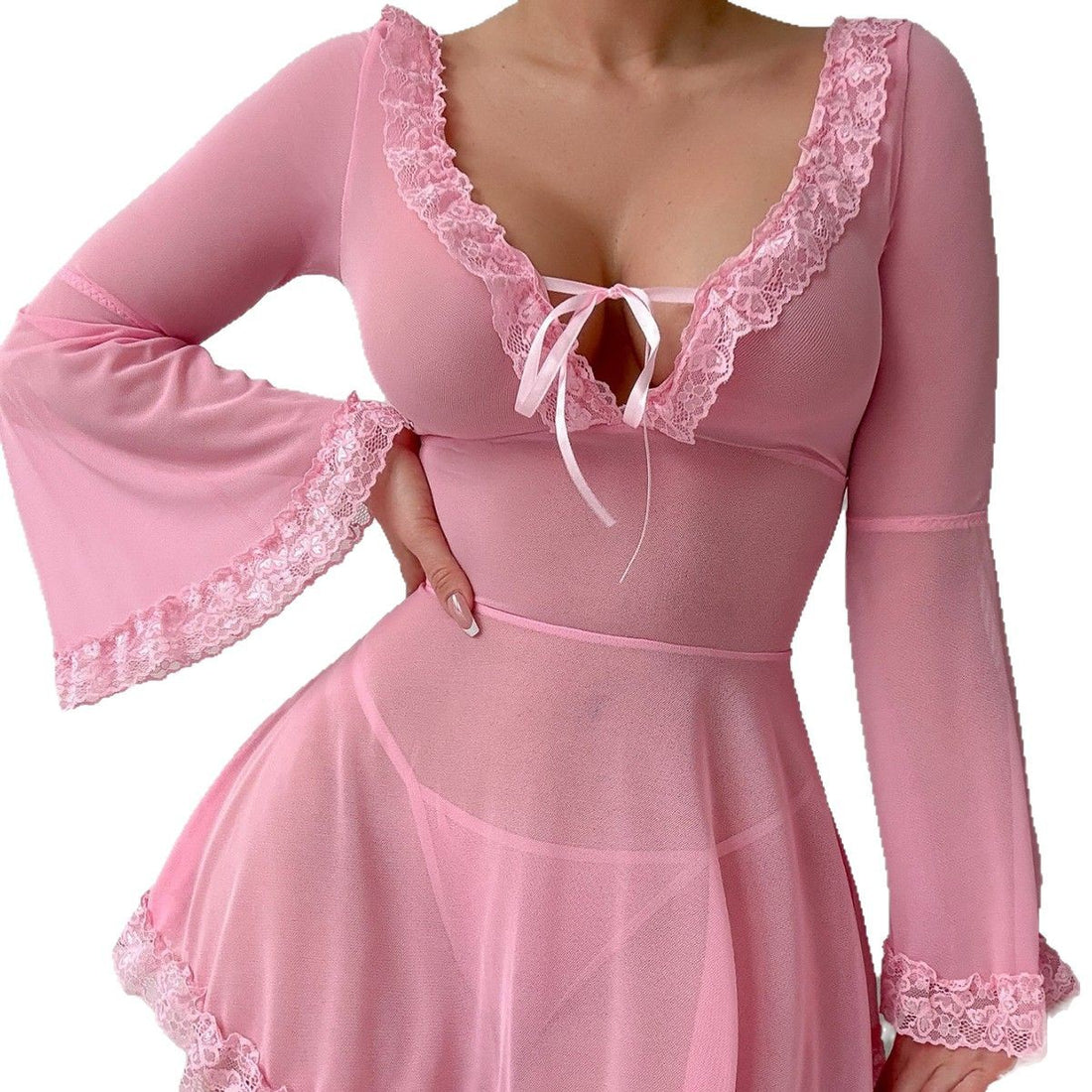 Pink Long-Sleeve Ruffle Chemise Nightdress, alternate view 5