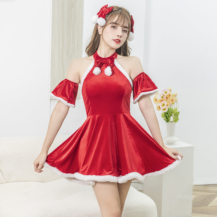 Red holiday costume lingerie dress with white trim - alternate view