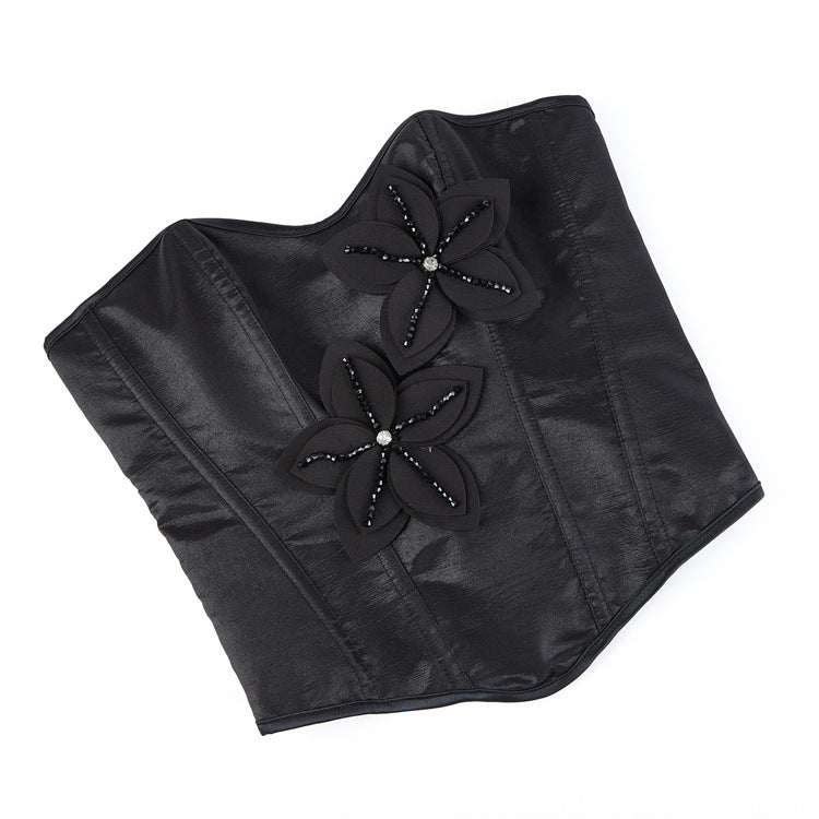 Black Floral Applique Strapless Corset Top, alternate view 5