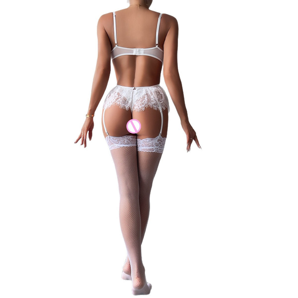 White Lace Stocking Three-Piece Lingerie Set - image 5