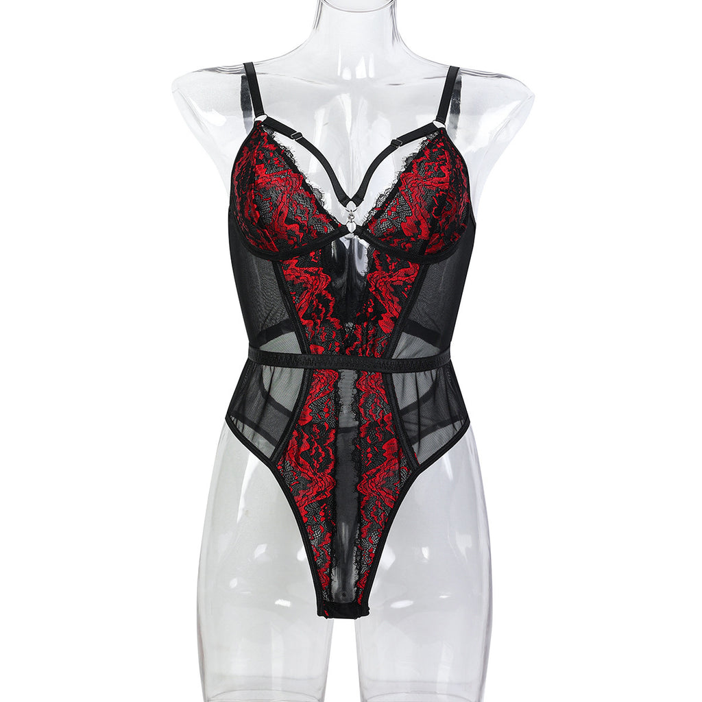 Faux Leather Red Teddy Bodysuit - Styled View
