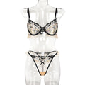 Apricot floral embroidered bra and thong set with black trim - alternate view