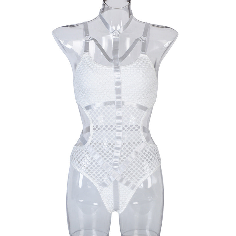 Halter Mesh Faux Leather Teddy Bodysuit - Styled View