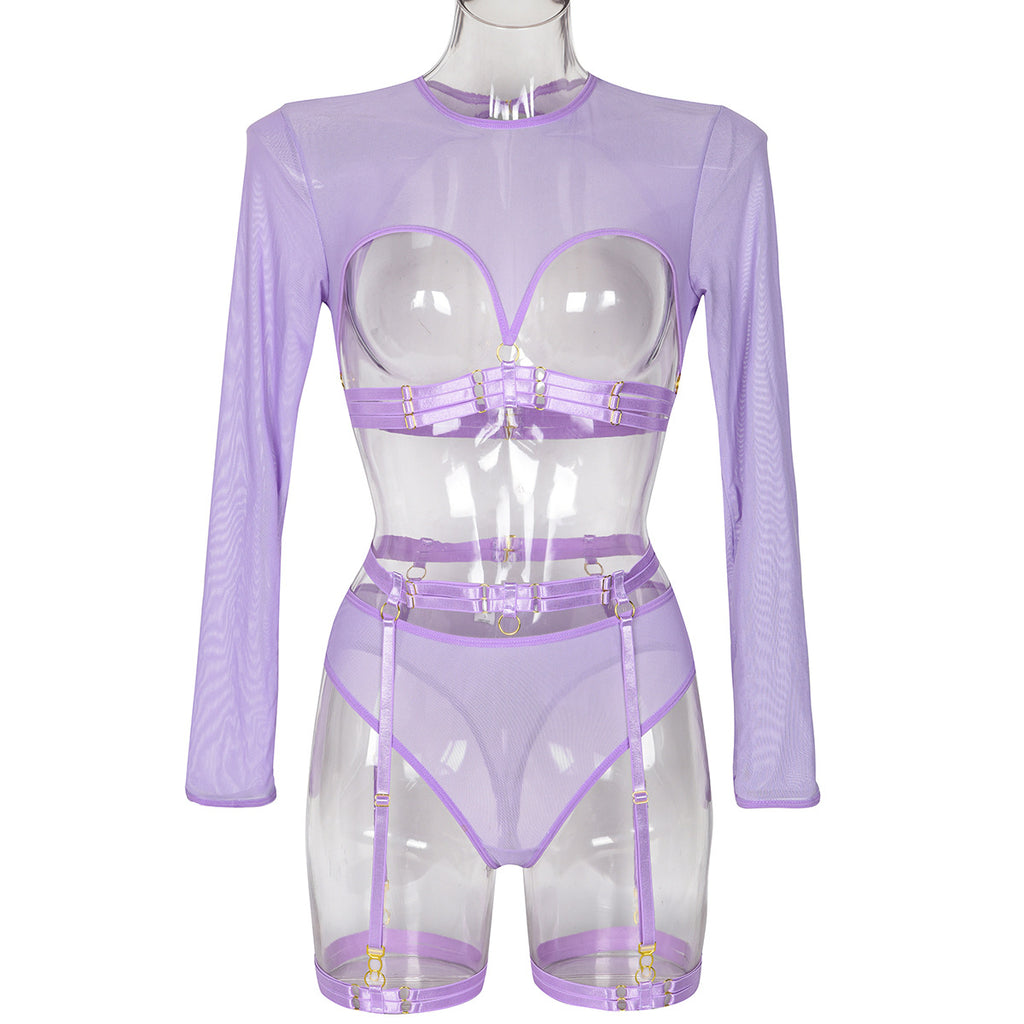 Mesh Faux Leather Three-Piece Lingerie Set - Styled View