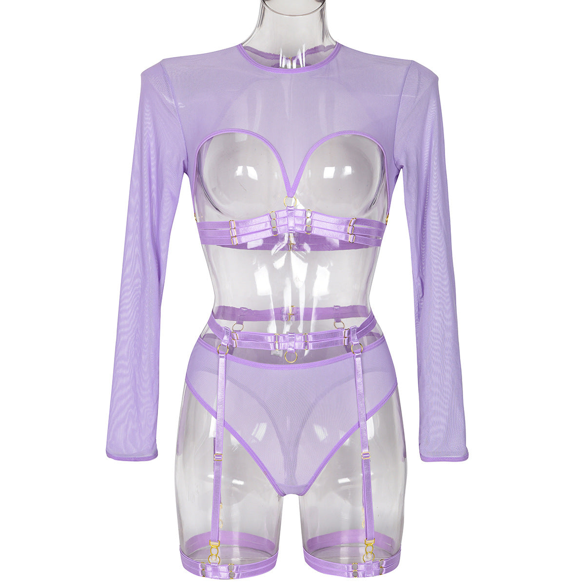 Mesh Faux Leather Three-Piece Lingerie Set - Styled View