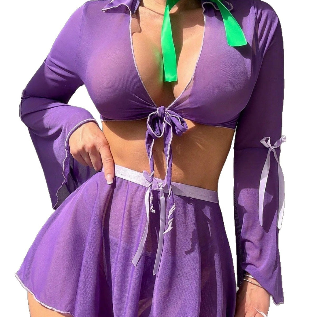 Purple Bell-Sleeve Tie-Front Lingerie Set, alternate view 5