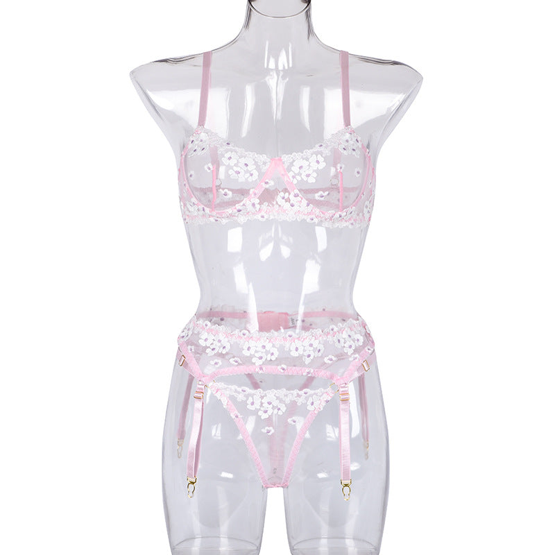 Floral Embroidered Mesh Three-Piece Lingerie Set - Styled View