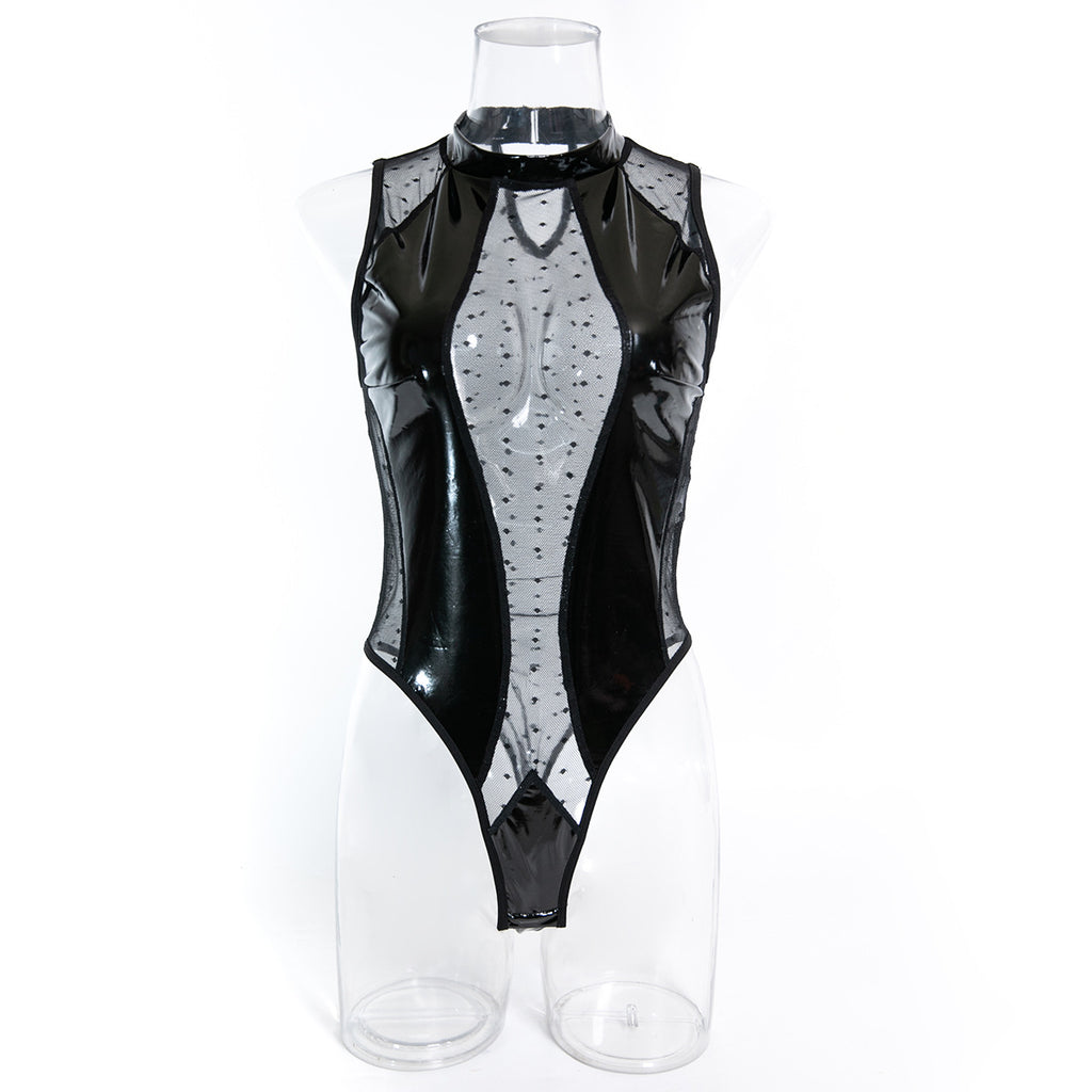 Faux Leather Polka Dot Mesh Teddy Bodysuit - Styled View
