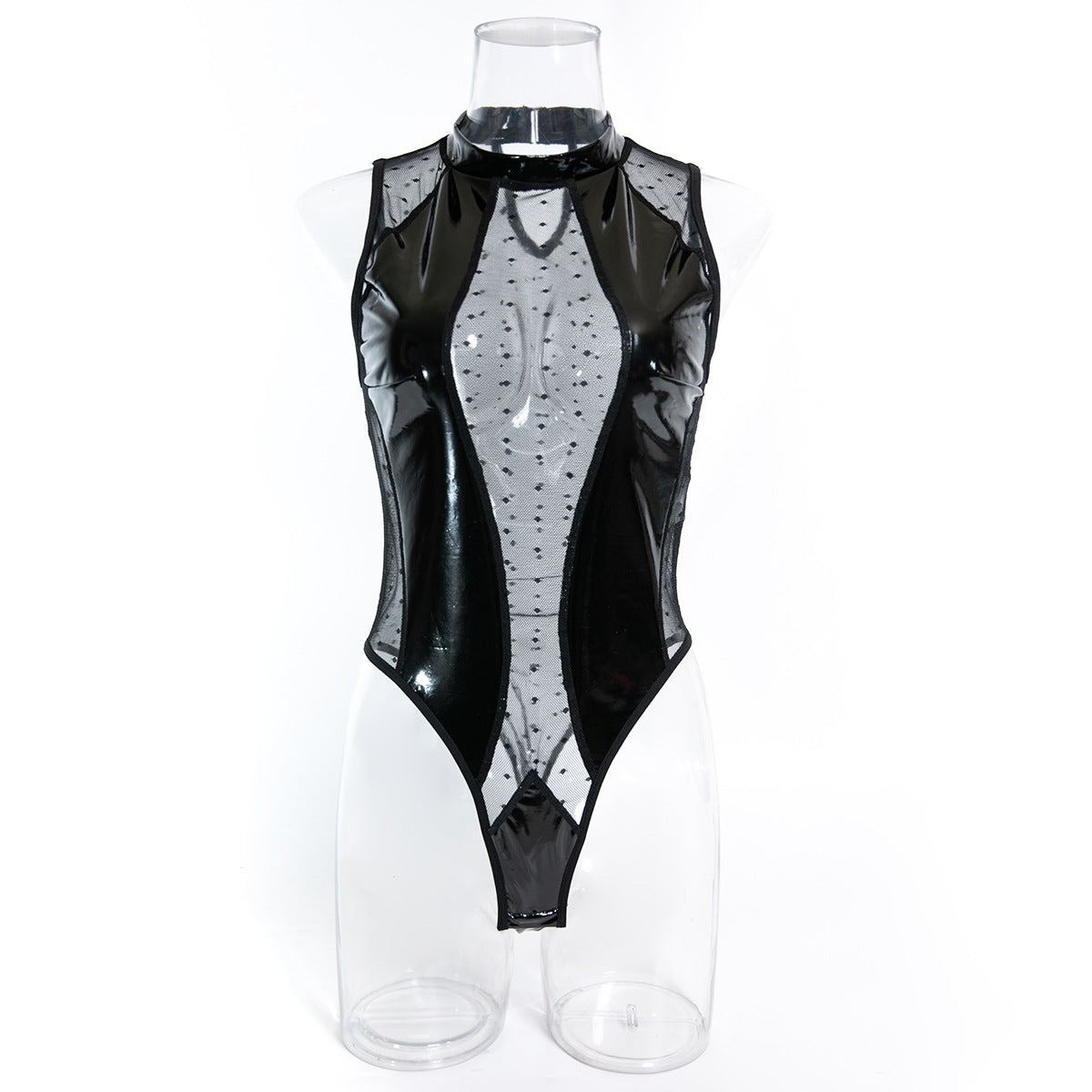 Faux Leather Polka Dot Mesh Teddy Bodysuit - Styled View
