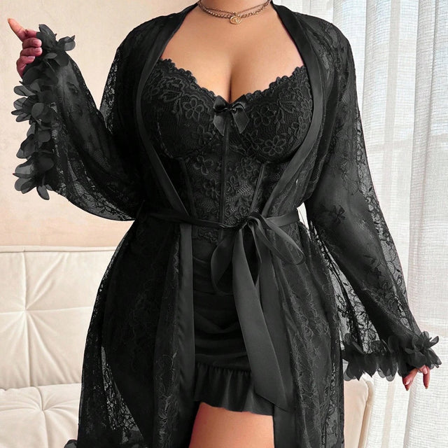 Black Lace Robe Lingerie Set