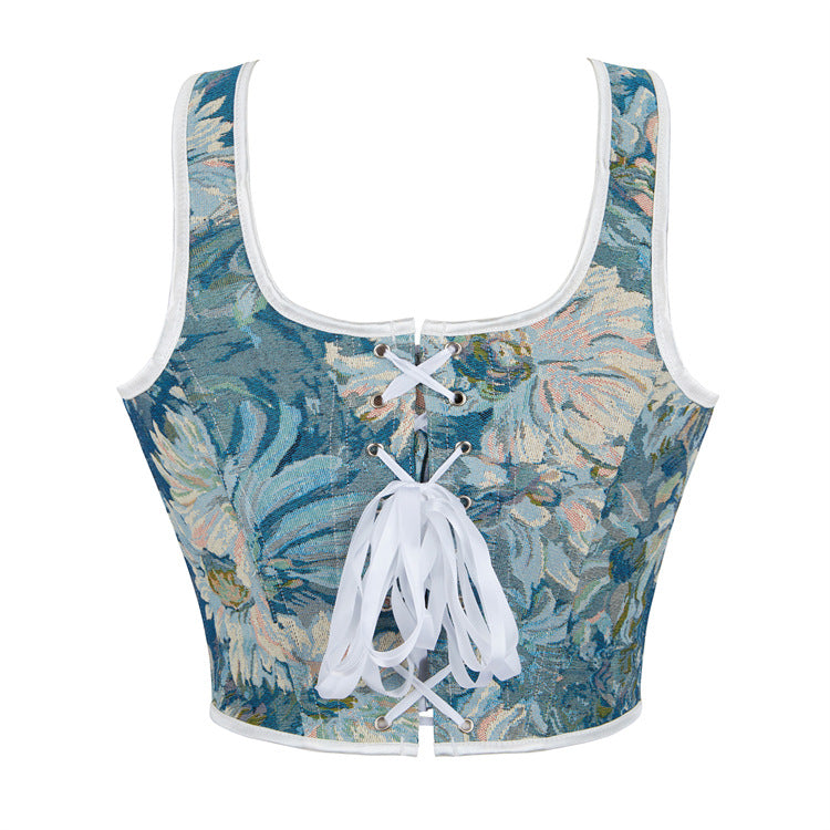 Blue Floral White Tie-Strap Corset Top, alternate view 3