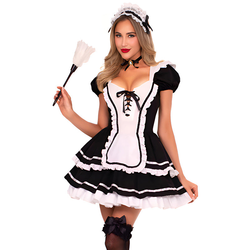 Maid Costume Lingerie Set With Mini Dress and Headband and Choker - Front View