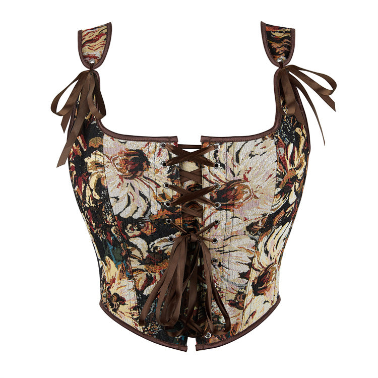 Black Floral Tie-Strap Corset Top