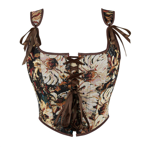 Black Floral Tie-Strap Corset Top