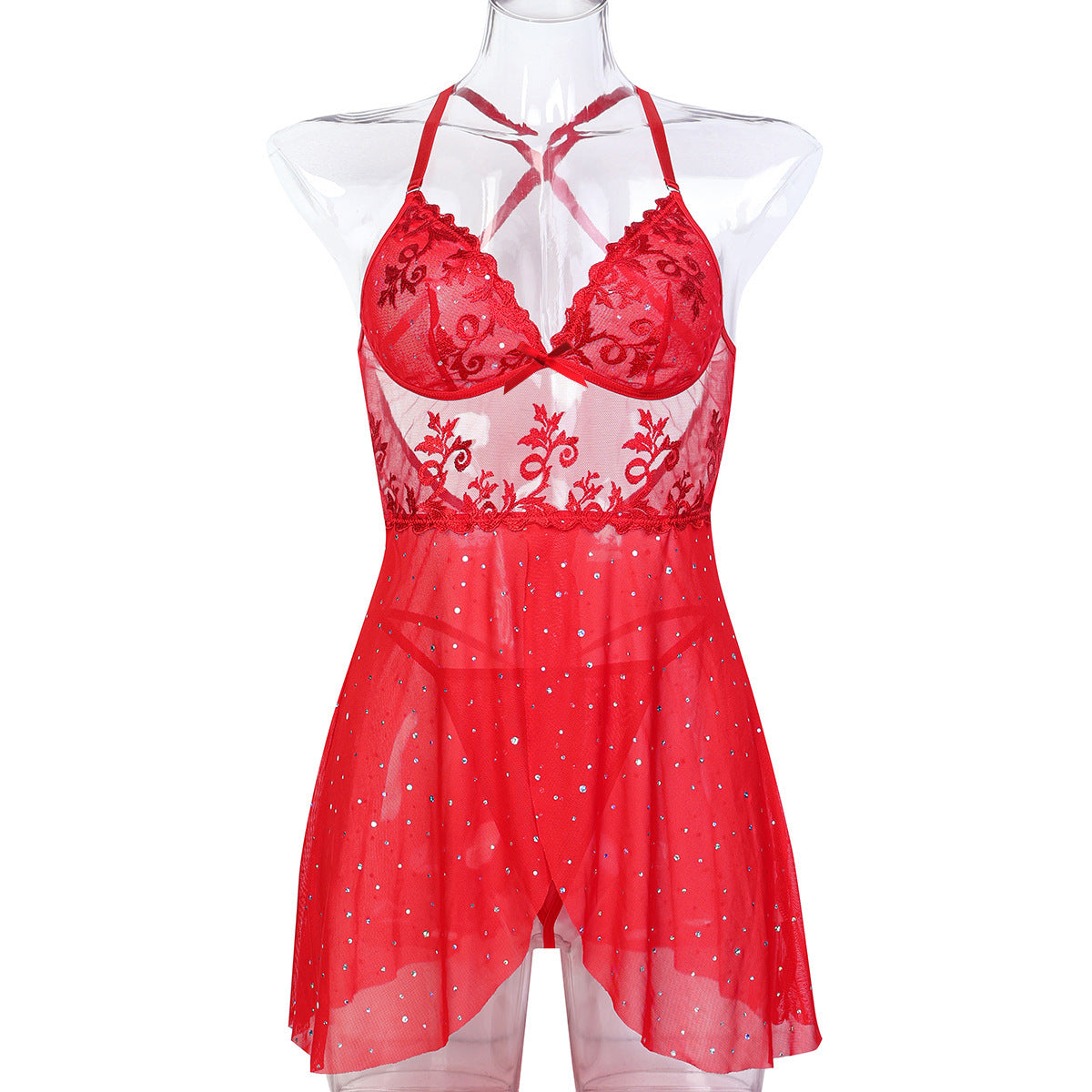 Red floral lace-look babydoll chemise with skirted hem - alternate view
