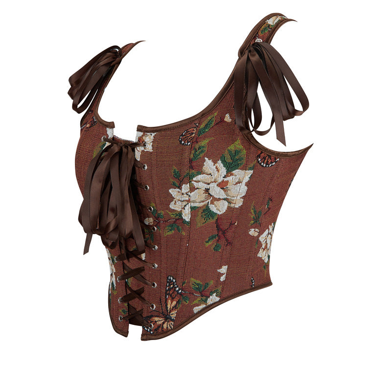 Brown Floral Tie-Strap Corset Top, alternate view 2