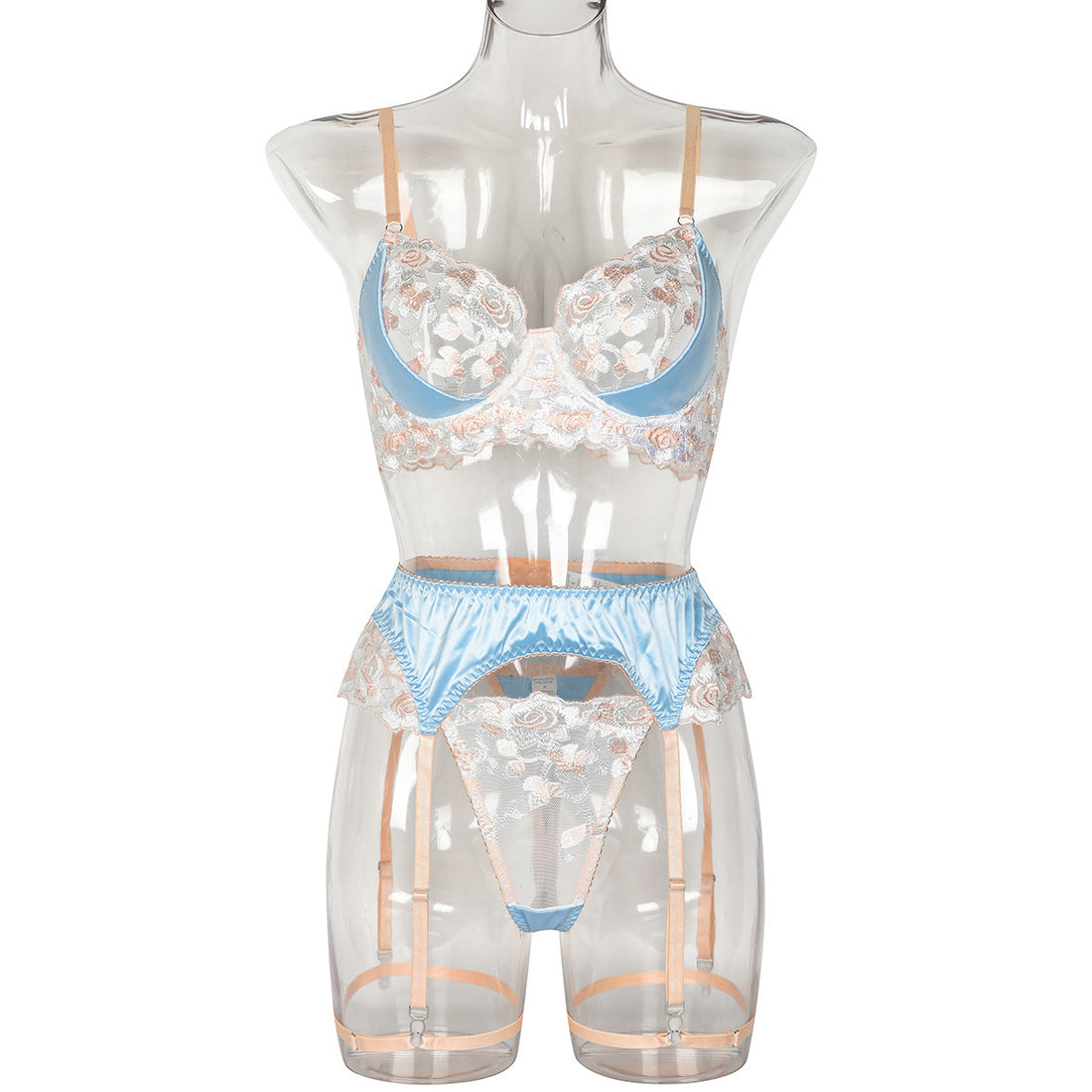 Light Blue Floral Embroidered Three-Piece Lingerie Set - Styled View
