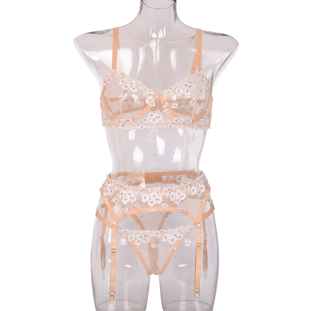 Floral Embroidered Mesh Three-Piece Lingerie Set - Styled View