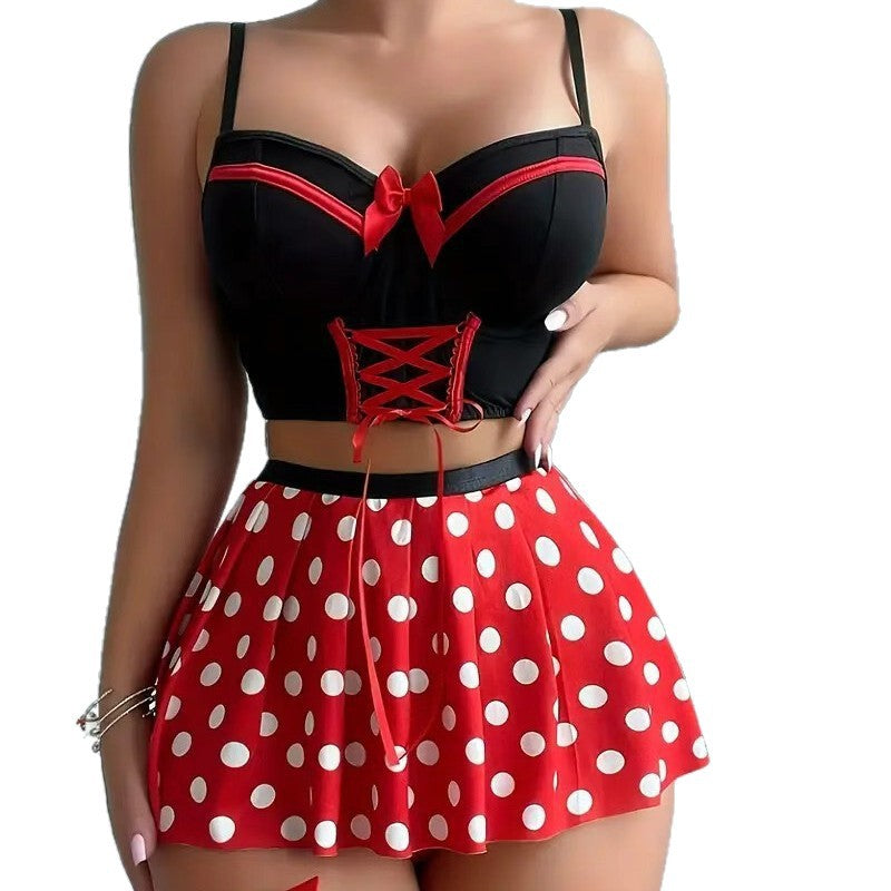 Red Polka Dot Bow Skirt Lingerie Set, alternate view 5